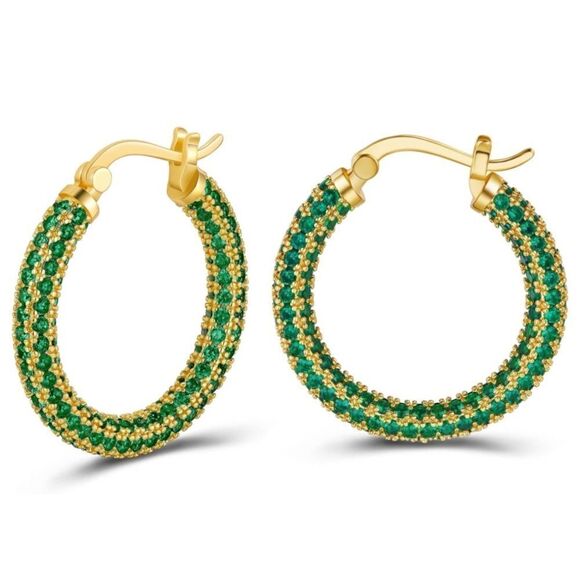 14K Yellow Gold Sterling Silver with Emerald Green Cubic Zirconia Hoop Earrings - Picture 2 of 7